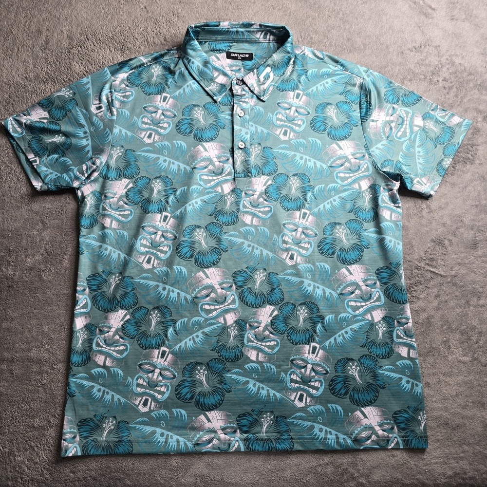 Druids Golf Polo Mens 2XL Green Hawaiian Tiki Floral AOP S/S Performance